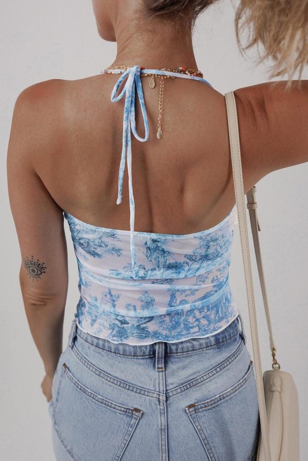 Sleeveless Tops | Sky Blue Random Printed Bow Detail Halterneck Cami Top - Women - Image 4