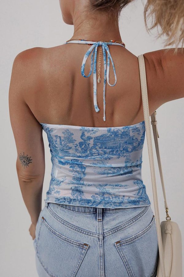 Sleeveless Tops | Sky Blue Random Printed Bow Detail Halterneck Cami Top - Women - Image 7
