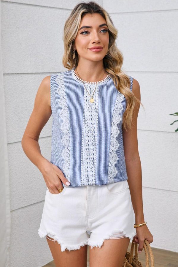 Sleeveless Tops | Sky Blue Stripe Lace Detail Crinkle Sleeveless Blouse - Women - Image 2