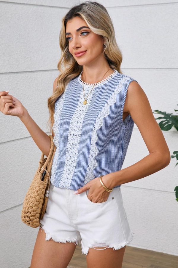 Sleeveless Tops | Sky Blue Stripe Lace Detail Crinkle Sleeveless Blouse - Women - Image 3