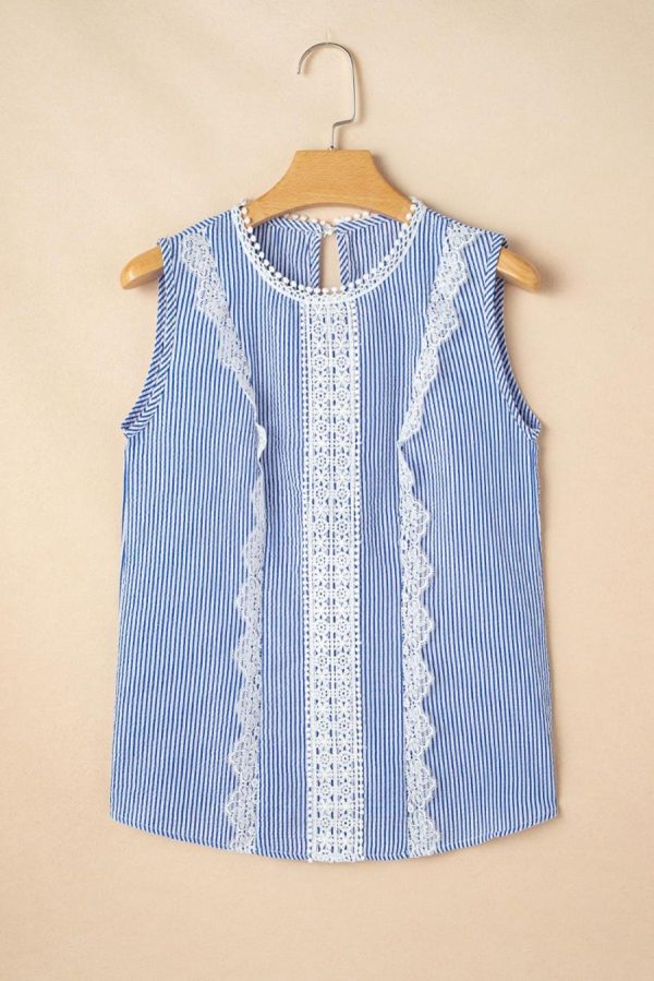 Sleeveless Tops | Sky Blue Stripe Lace Detail Crinkle Sleeveless Blouse - Women - Image 5