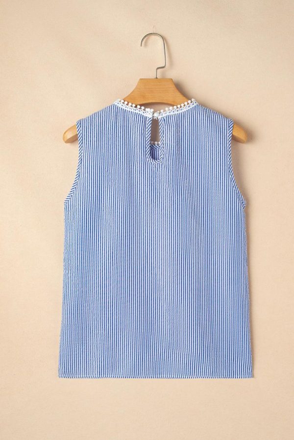 Sleeveless Tops | Sky Blue Stripe Lace Detail Crinkle Sleeveless Blouse - Women - Image 6