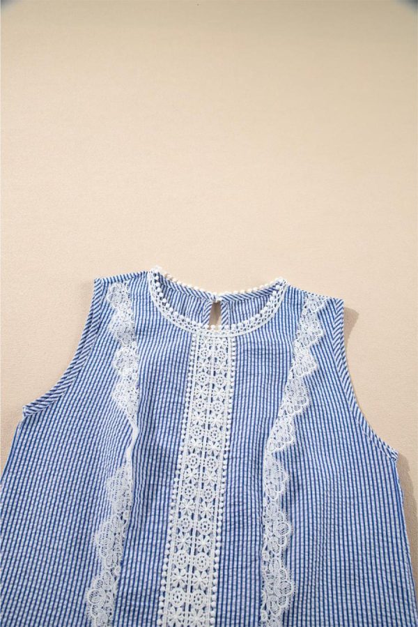 Sleeveless Tops | Sky Blue Stripe Lace Detail Crinkle Sleeveless Blouse - Women - Image 7