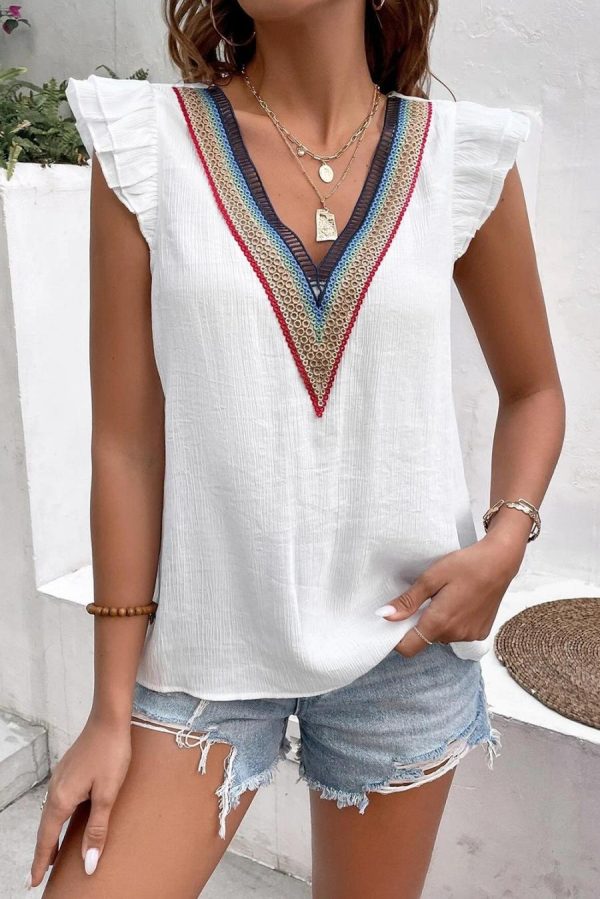 Sleeveless Tops | White Contrast Striped V-Neck Ruffle Blouse - Women - Image 3