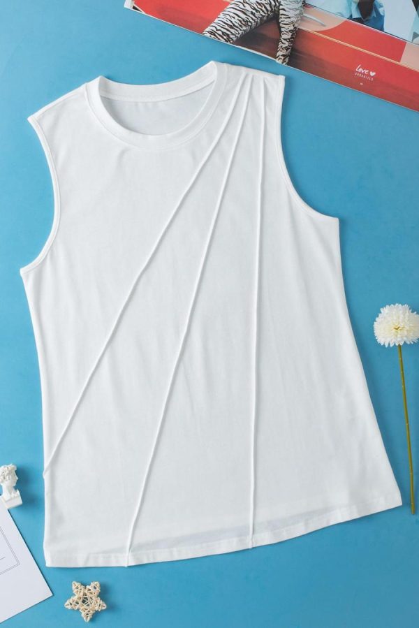 Sleeveless Tops | White Solid Color Crew Neck Pleated Tank Top - Women
