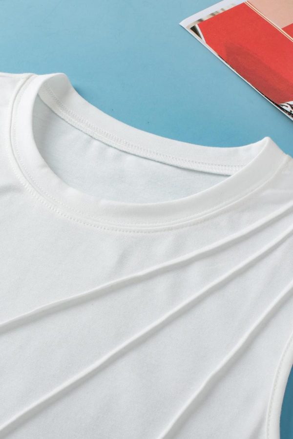 Sleeveless Tops | White Solid Color Crew Neck Pleated Tank Top - Women - Image 3