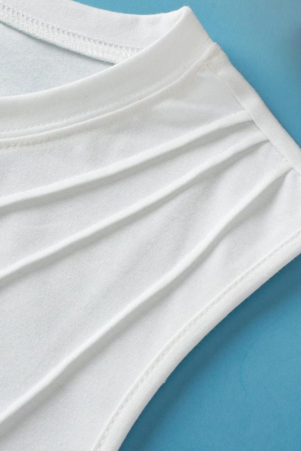 Sleeveless Tops | White Solid Color Crew Neck Pleated Tank Top - Women - Image 4