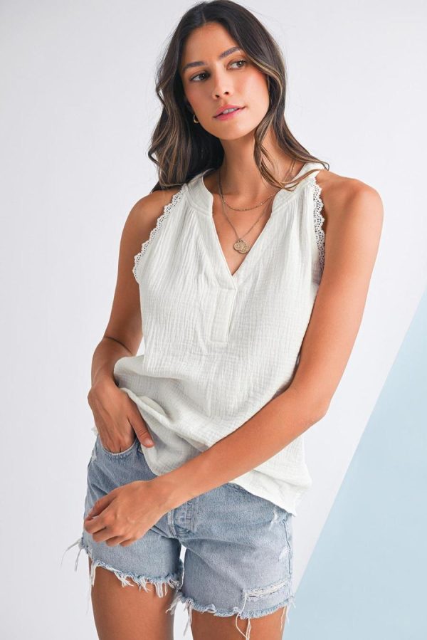 Sleeveless Tops | White V Neck Lace Trim Crinkled Sleeveless Top - Women - Image 2