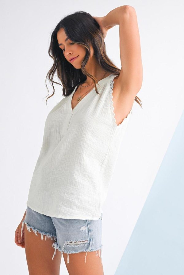 Sleeveless Tops | White V Neck Lace Trim Crinkled Sleeveless Top - Women - Image 3