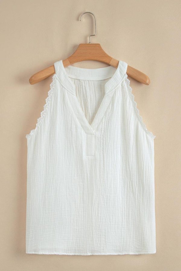 Sleeveless Tops | White V Neck Lace Trim Crinkled Sleeveless Top - Women - Image 4