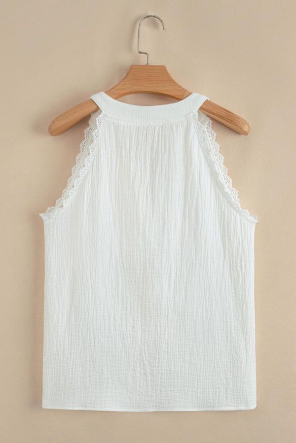 Sleeveless Tops | White V Neck Lace Trim Crinkled Sleeveless Top - Women - Image 5