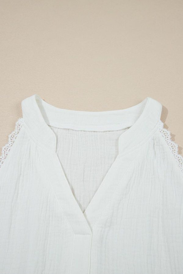 Sleeveless Tops | White V Neck Lace Trim Crinkled Sleeveless Top - Women - Image 6