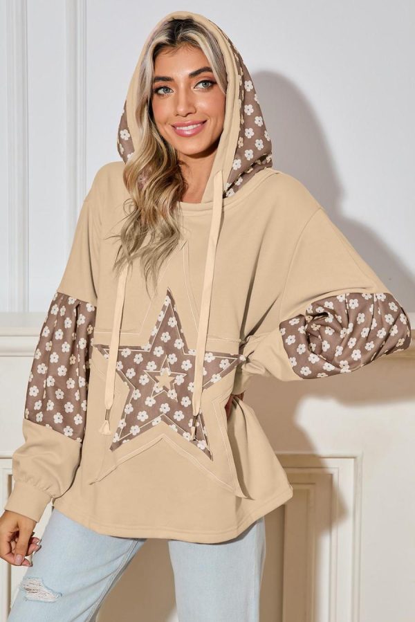 Sweatshirts & Hoodies | Apricot Floral Patchwork Star Pattern Drawstring Hoodie - Women - Image 2