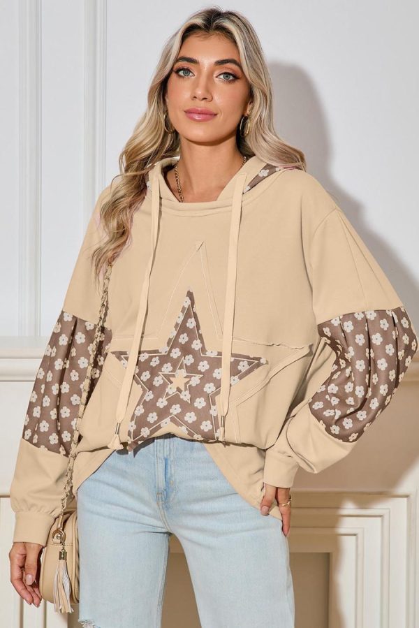 Sweatshirts & Hoodies | Apricot Floral Patchwork Star Pattern Drawstring Hoodie - Women - Image 3
