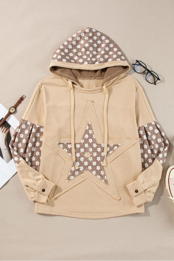 Sweatshirts & Hoodies | Apricot Floral Patchwork Star Pattern Drawstring Hoodie - Women - Image 4