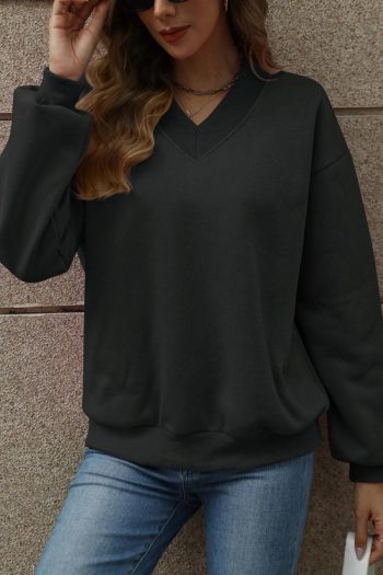 Sweatshirts & Hoodies | Black Solid Colour V-Neck Loose Fit Sweatshirt - Women