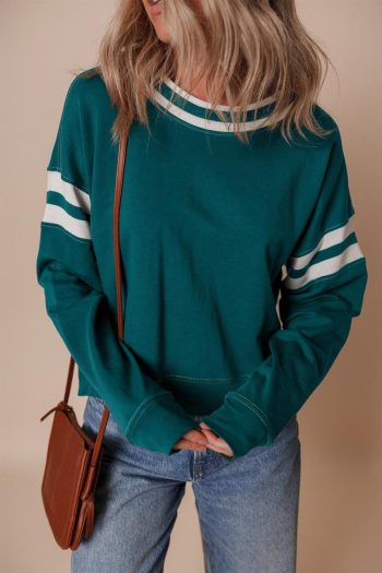 Sweatshirts & Hoodies | Blackish Green Contrast Striped Patchwork Drop Shoulder Sweatshirt - Women