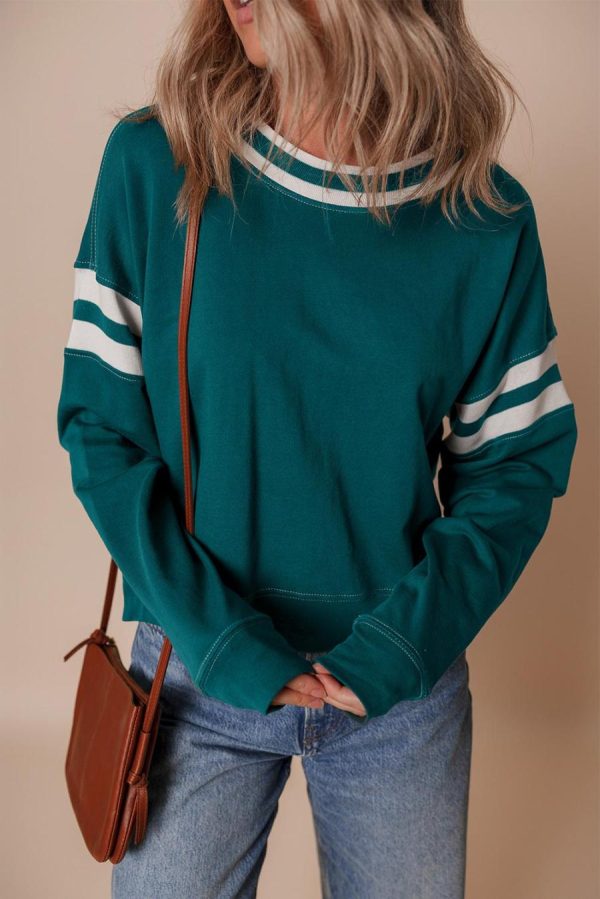 Sweatshirts & Hoodies | Blackish Green Contrast Striped Patchwork Drop Shoulder Sweatshirt - Women