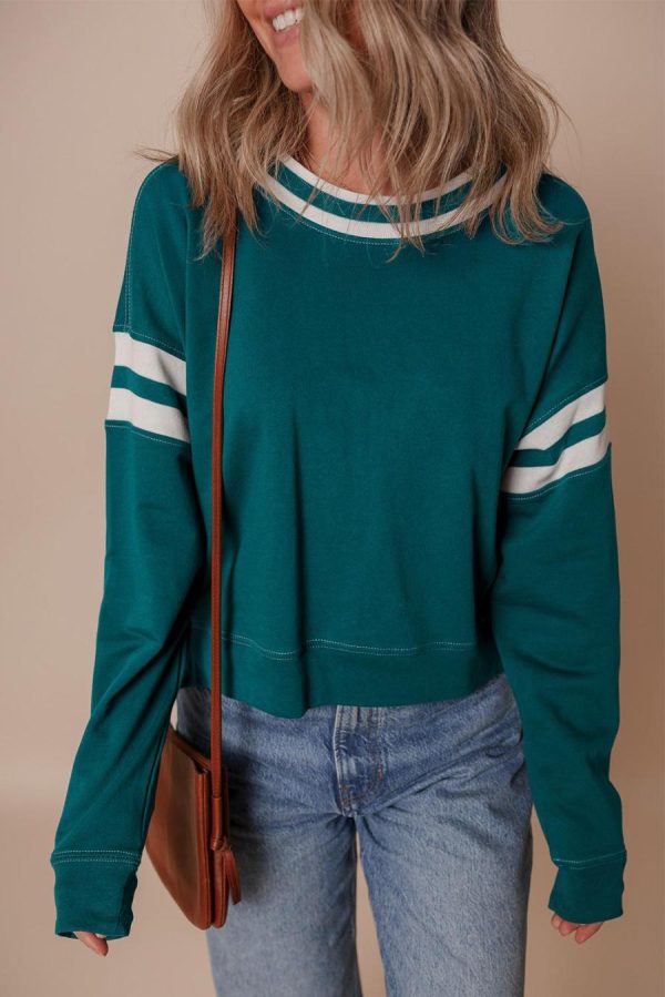 Sweatshirts & Hoodies | Blackish Green Contrast Striped Patchwork Drop Shoulder Sweatshirt - Women - Image 2