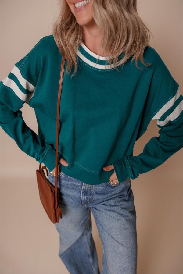 Sweatshirts & Hoodies | Blackish Green Contrast Striped Patchwork Drop Shoulder Sweatshirt - Women - Image 4