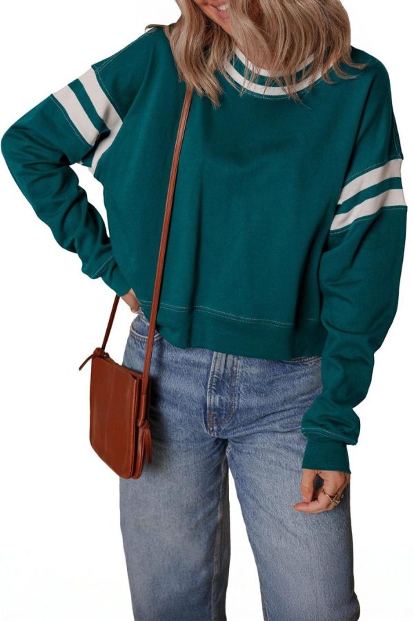 Sweatshirts & Hoodies | Blackish Green Contrast Striped Patchwork Drop Shoulder Sweatshirt - Women - Image 5