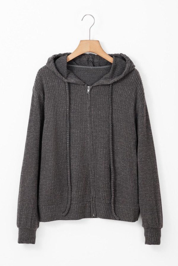 Sweatshirts & Hoodies | Dark Grey Ribbed Zip Front Drawstring Hoodie - Women - Image 3