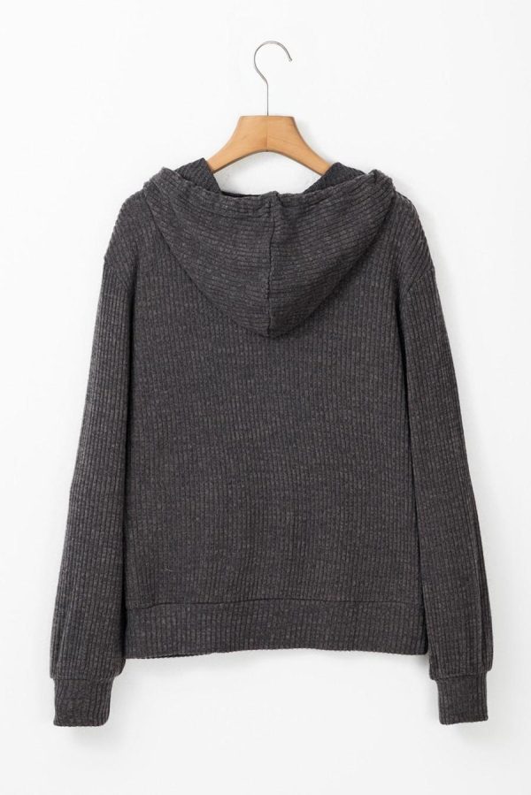 Sweatshirts & Hoodies | Dark Grey Ribbed Zip Front Drawstring Hoodie - Women - Image 4