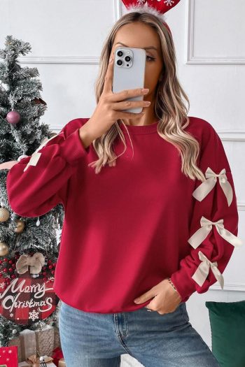 Sweatshirts & Hoodies | Fiery Red Sweet Bowknot Round Neck Sweatshirt - Women