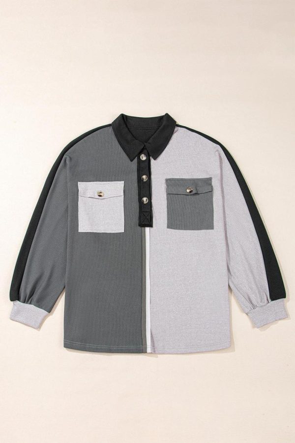 Sweatshirts & Hoodies | Gray Colorblock Patchwork Ribbed Oversized Henley Sweatshirt - Women - Image 2