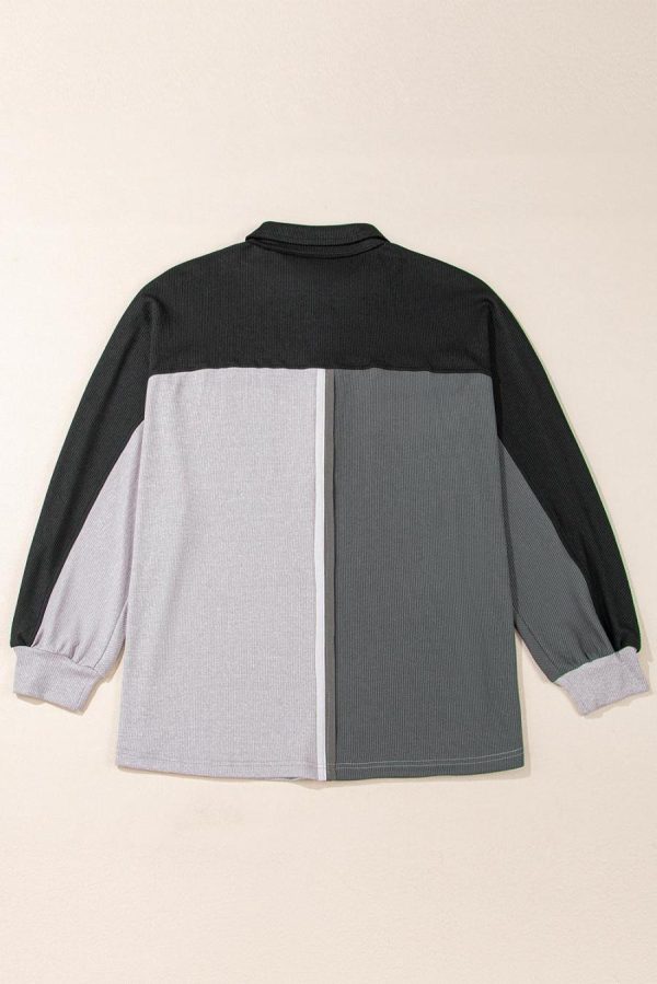 Sweatshirts & Hoodies | Gray Colorblock Patchwork Ribbed Oversized Henley Sweatshirt - Women - Image 3