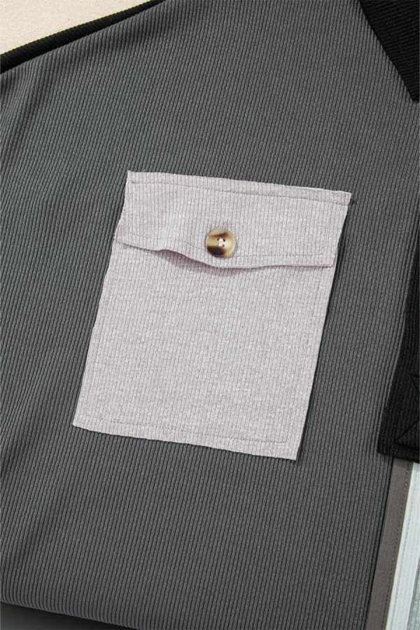Sweatshirts & Hoodies | Gray Colorblock Patchwork Ribbed Oversized Henley Sweatshirt - Women - Image 6