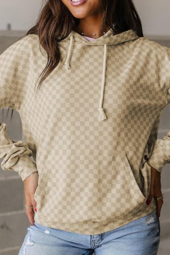 Sweatshirts & Hoodies | Khaki Checkered Kangaroo Pocket Hoodie - Women