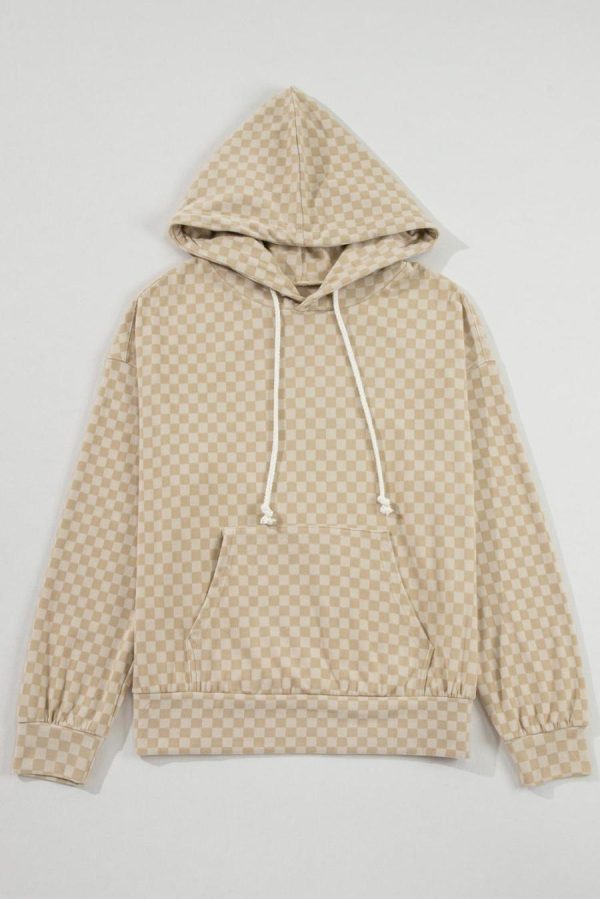 Sweatshirts & Hoodies | Khaki Checkered Kangaroo Pocket Hoodie - Women - Image 3