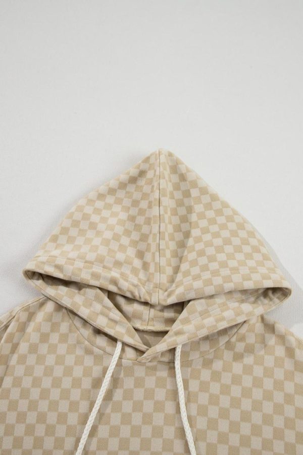 Sweatshirts & Hoodies | Khaki Checkered Kangaroo Pocket Hoodie - Women - Image 5