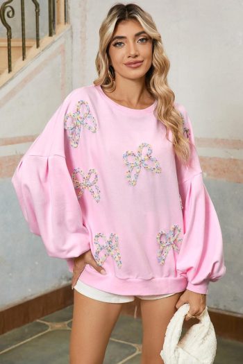 Sweatshirts & Hoodies | Light Pink Sweet Bow Lantern Sleeve Oversized Pullover Sweatshirt - Women