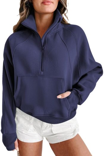 Sweatshirts & Hoodies | Navy Blue Zip Up Stand Collar Ribbed Thumbhole Sleeve Sweatshirt - Women