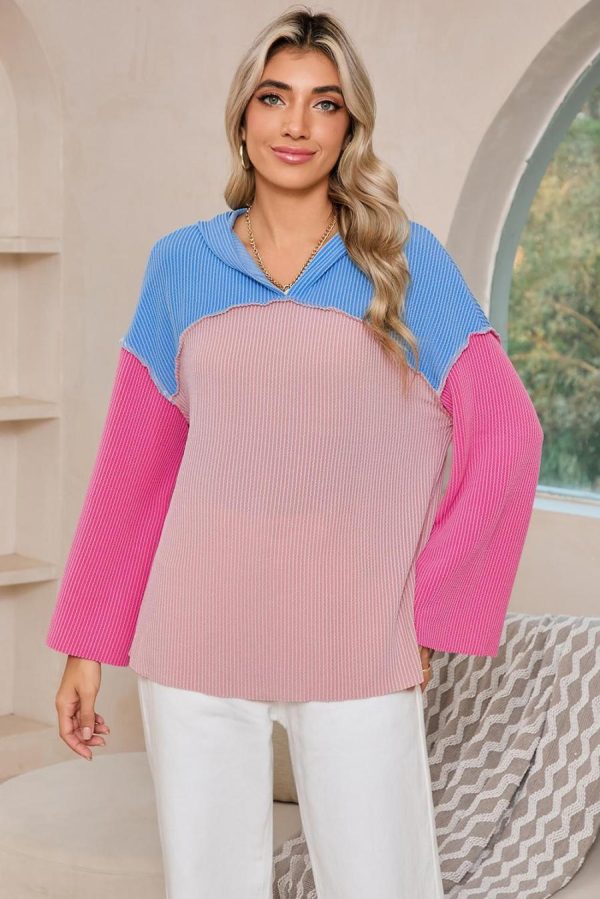 Sweatshirts & Hoodies | Pink Color Block Patchwork Corded Ribbed Loose Fit Hoodie - Women