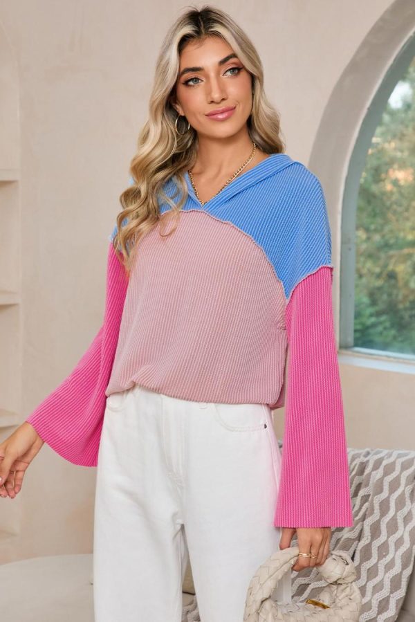 Sweatshirts & Hoodies | Pink Color Block Patchwork Corded Ribbed Loose Fit Hoodie - Women - Image 2