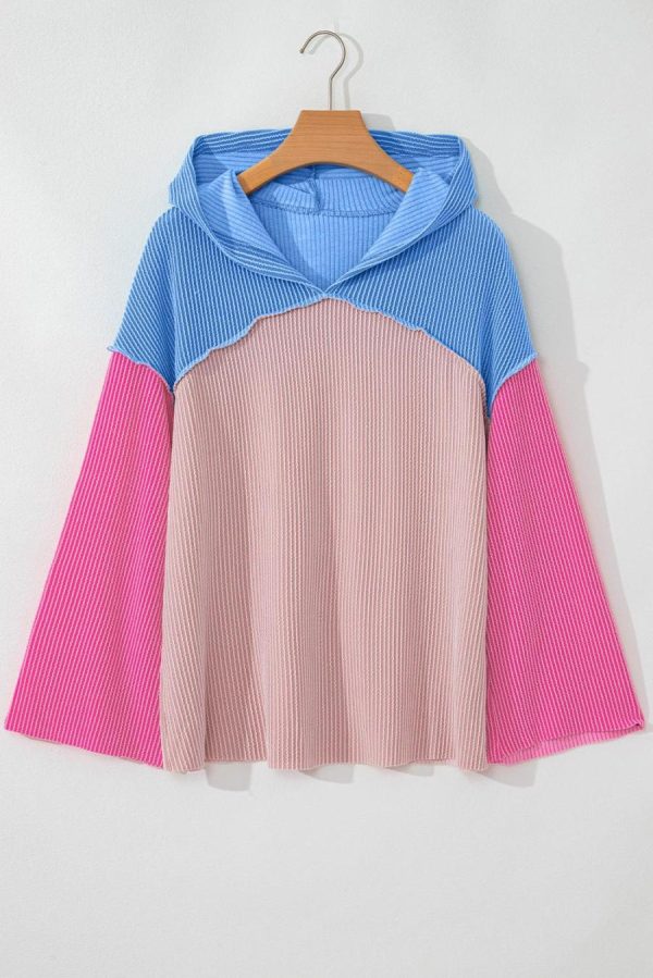 Sweatshirts & Hoodies | Pink Color Block Patchwork Corded Ribbed Loose Fit Hoodie - Women - Image 5