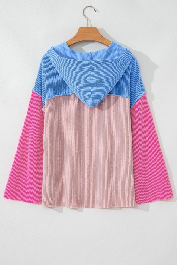 Sweatshirts & Hoodies | Pink Color Block Patchwork Corded Ribbed Loose Fit Hoodie - Women - Image 6