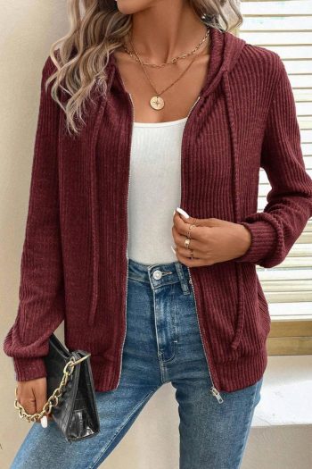 Sweatshirts & Hoodies | Red Dahlia Ribbed Zip Front Drawstring Hoodie - Women