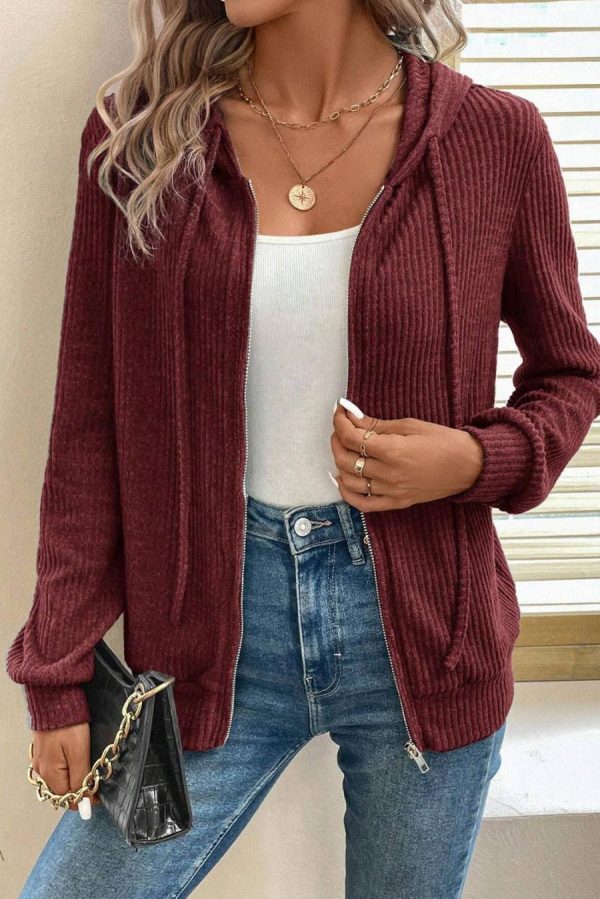 Sweatshirts & Hoodies | Red Dahlia Ribbed Zip Front Drawstring Hoodie - Women