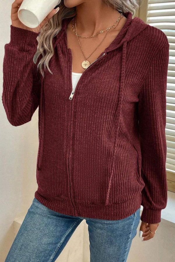 Sweatshirts & Hoodies | Red Dahlia Ribbed Zip Front Drawstring Hoodie - Women - Image 2