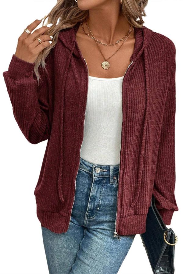 Sweatshirts & Hoodies | Red Dahlia Ribbed Zip Front Drawstring Hoodie - Women - Image 3