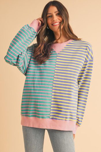 Sweatshirts & Hoodies | Sky Blue Stripe Colorblock Drop Shoulder Oversize Sweatshirt - Women