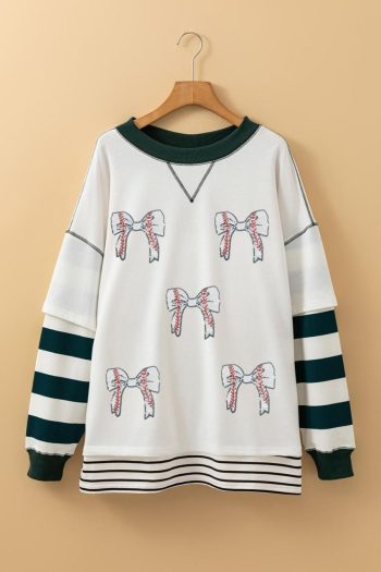 Sweatshirts & Hoodies | White Stripe Bowknot Pattern Contrast Trim Game Day Sweatshirt - Women