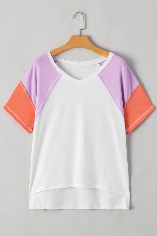 T Shirts | Beige Colorblock Patchwork V Neck Exposed Seam High Low T Shirt - Women - Image 4