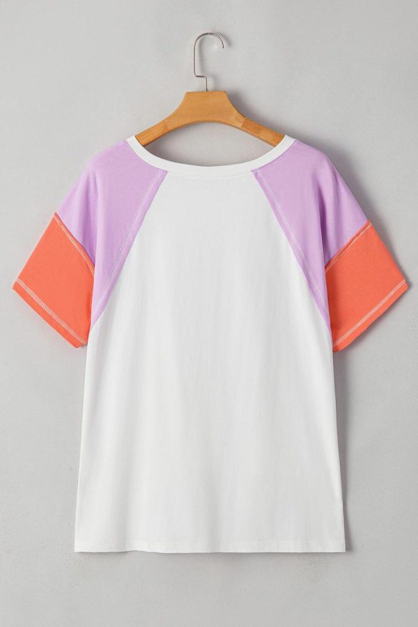 T Shirts | Beige Colorblock Patchwork V Neck Exposed Seam High Low T Shirt - Women - Image 5