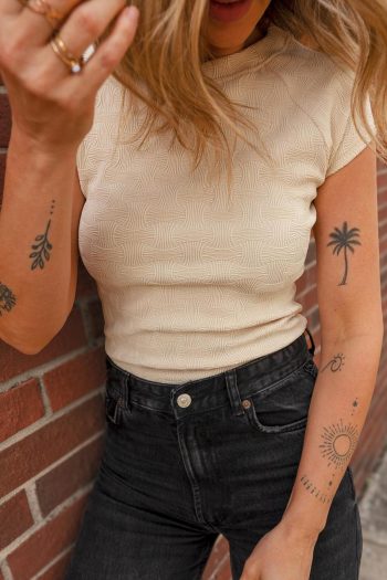 T Shirts | Beige Textured Crew Neck Cap Sleeve Slim T Shirt - Women