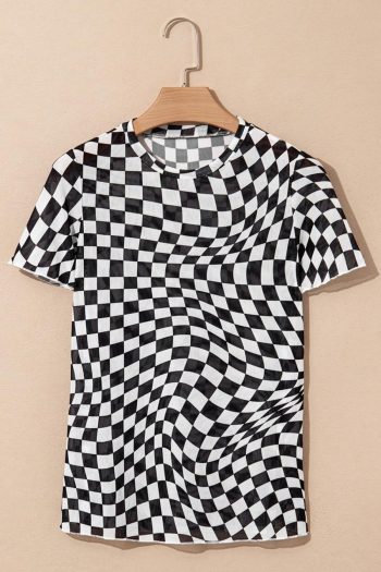 T Shirts | Black Checker Mesh Crew Neck T Shirt - Women